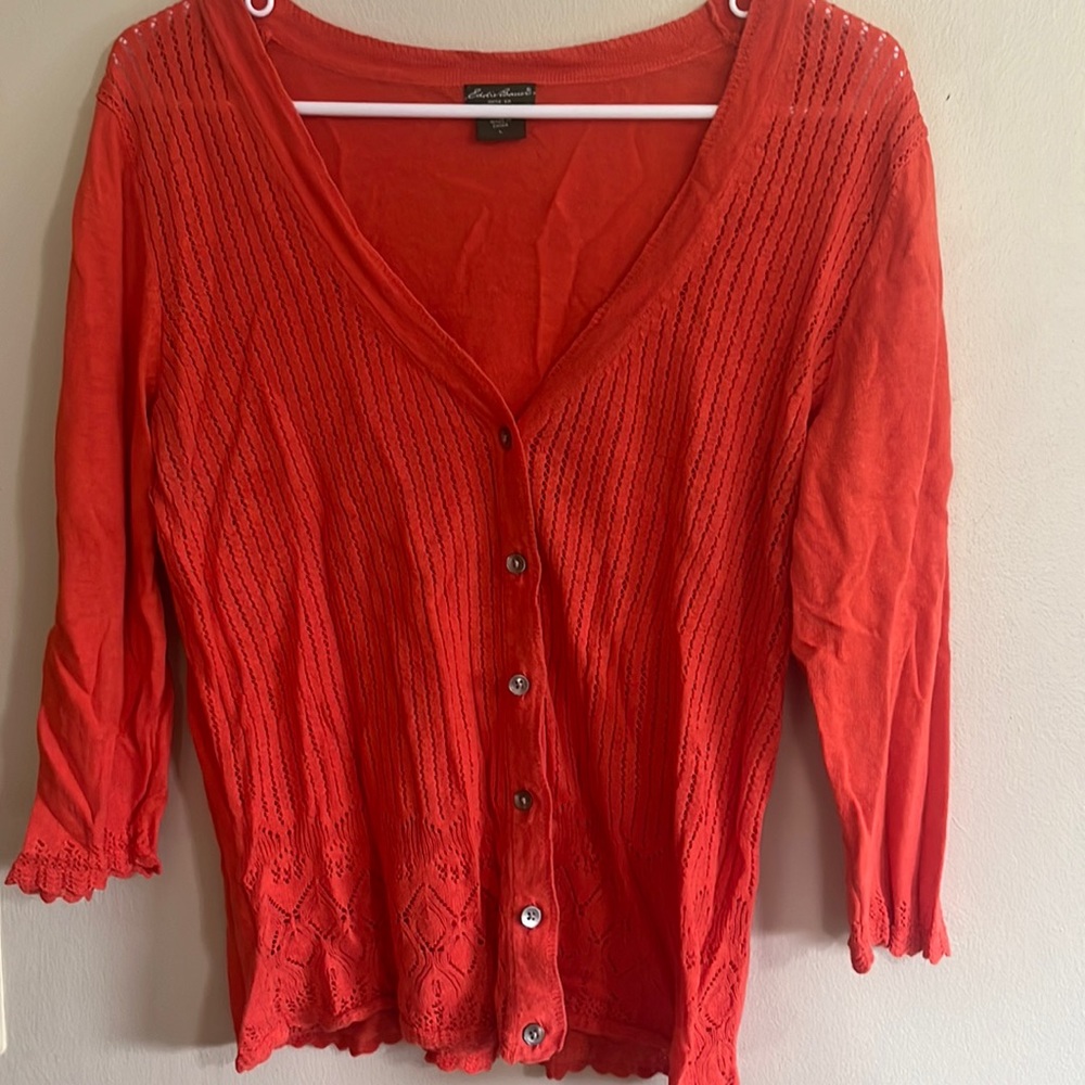 Eddie Bauer Women's Red/Orange Linen/Cotton Blend Crocheted Cardigan Sweater L